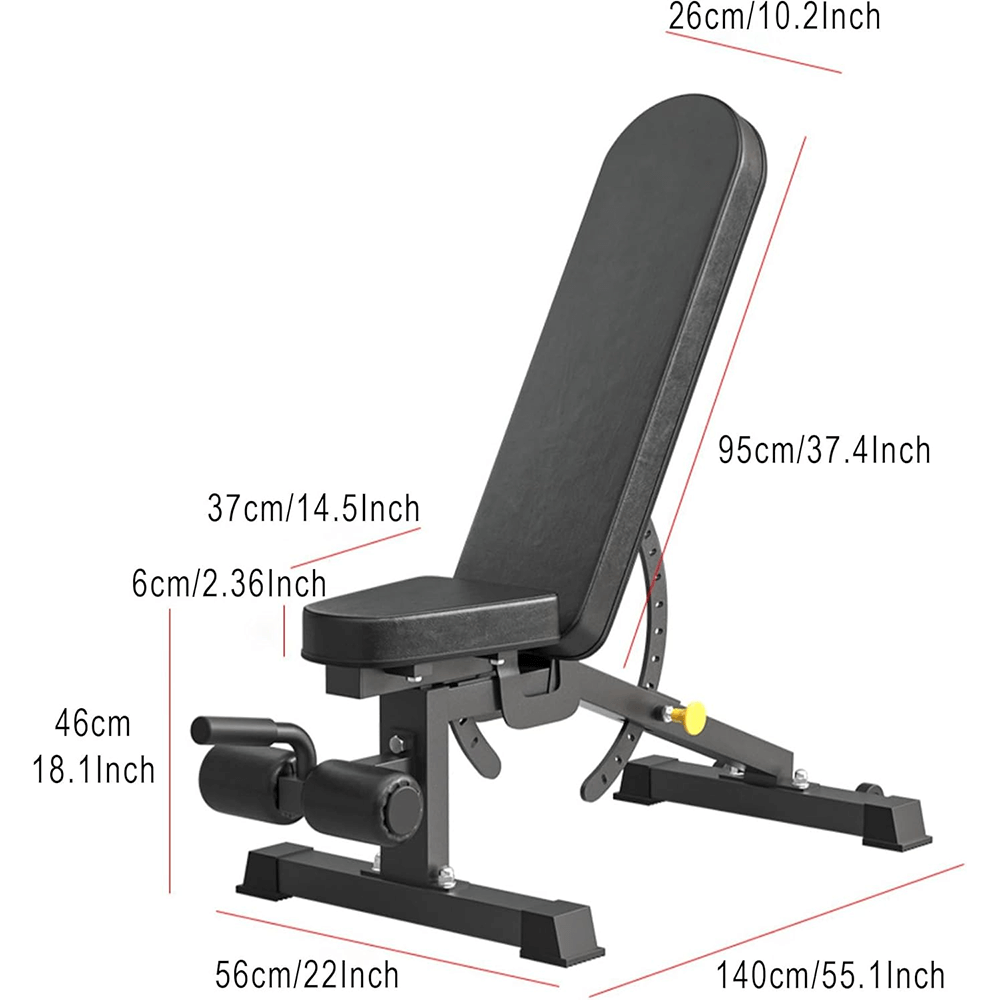 Adjustable Weight Bench for Dumbbell Training - SF3447 with multiple incline and decline positions, shown with dimensions.